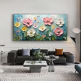 Peinture à l'huile texturée à l'huile sur toile, réalisée à la main, représentant des fleurs roses, blanches et jaunes en impasto. Art abstrait moderne, peintu