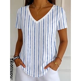 Women's T Shirt Print Graphic Geometric Stylish Classic Casual Short Sleeve V Neck Long Tops Casual Daily Light Blue Summer Spring
