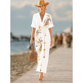 Femmes Robe maxi Robe Chemise Robe d'Été Robe Vintage Robe de Cérémonie Élégant Vacances ancien Manches au coude Maison Travail Plage Coupe régulière Fleuri Gr thumbnail 3