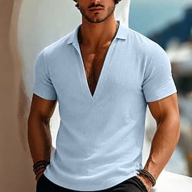 Men's Linen Shirt Polo Shirts Casual Vacation V Neck Short Sleeve Fashion Plain Lightweight Breathable Summer Spring Blue White Light Green Navy Blue Brown Gre