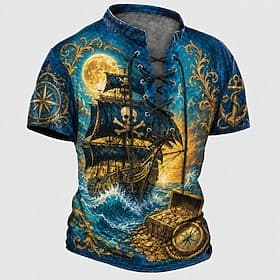 Homme Crânes cool Voilier Chemise Henley T-shirt Manche Courte T-shirt Impression 3D Col à lacets Henley Chemise Rétro Vintage Sombre Quotidien Festival Vert 1