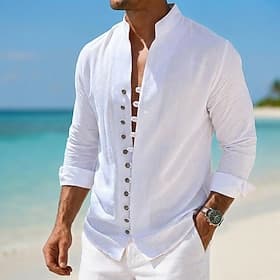 Men Shirt Linen Shirt Summer Shirt Casual Shirt Button Up Shirt Plain Casual Daily Blue White Black Pink Long Sleeve Standing Collar Summer Spring Clothing App