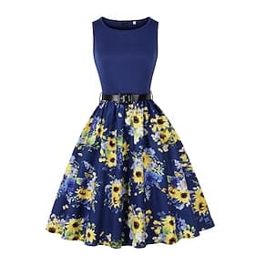 Années 1950 Rétro Vintage Rockabilly Midi Longueur thé Robe trapèze Robe Évasée Sans manches Fleuri Ajusté  Évasé Col rond Déguisement Femmes Halloween Carnava