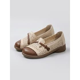 Women's Beige Color Block Comfort Flats – Breathable Microbial Leather Slip-On Walking Shoes with Cushioned Footbed, Flexible Lightweight Sole and All-Day Comf