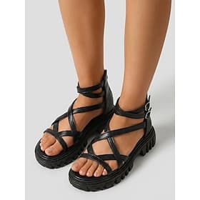 Women's Black Gladiator Platform Sandals with Strappy Upper, Back Zipper and Adjustable Ankle Buckle for Travel, Vacation, Casual Walking and Everyday Summer W