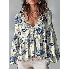 Femmes Chemise Tunique A Volants A Ombre Fleuri Graphique Élégant Bohème Vacances manche longue Col en V Hauts Réguliers Occasionnel Quotidien Bleu Blanche Jau thumbnail 3