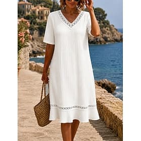 Women's Knee Length Dress White Lace Dress Shift Dress Elegant Vacation Fashion Outdoor Beach Loose Fit Plain Short Sleeve V Neck White Spring