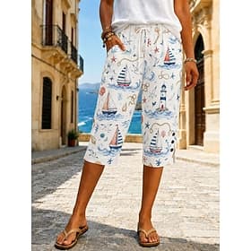 Femmes Short en coton et lin Pantalon capri Leggings Pantacourt Vacances ancien style grand-mère côtier Longueur mollet Taille Moyenne Fleuri Graphique Abstrai thumbnail 3