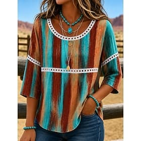Femmes Chemise Garniture en dentelle Graphique Dégradé de couleur Bohème Vacances Quotidien Col ras du cou Col Rond Hauts Longs Occasionnel Vert foncé Été Prin