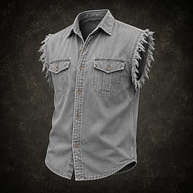 SoftFade™ Men Shirt Casual Shirt Cargo Shirt Demin Shirt Acid Wash Shirt Garment Dyed Sleeveless Plain Shirt Collar Casual Daily Front Pocket Clothing Apparel