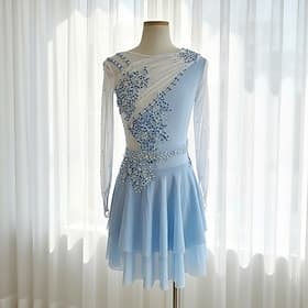 Robe de patinage artistique Femmes Patinage Robe Bleu Ciel Patchwork Trou de pouce Élastique Entraînement Compétition Tenue de Patinage Classique cristal paill thumbnail 2
