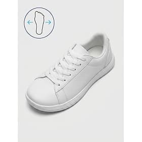Women's White Wide Toe Box Lace-up Walking Shoes – Lightweight Faux Leather Comfort Sneakers with Flexible Non-Slip Sole, Extra Wide Fit Design for Travel, Wal