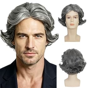 Perruque courte grise pour homme, raie au milieu, cheveux synthétiques, idéale pour les fêtes, le quotidien et le cosplay.