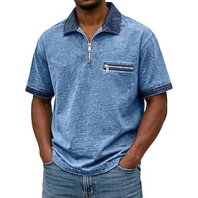 Men's Polo Shirts 100% Cotton Acid Wash Shirt Casual Vacation Zip Lapel Short Sleeve Fashion Basic Plain Color Block Distressed Spring  Summer Summer Spring Re