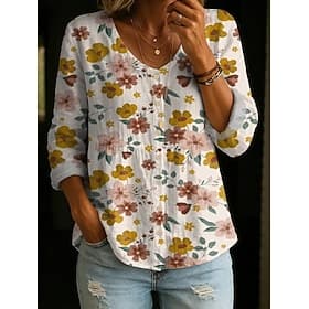 Femmes Chemise Froncé Boutons Fleuri Graphique Élégant Bohème Vacances Col en V Hauts courts Occasionnel Blanche Jaune Marron clair Été Printemps