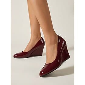 Women's Comfortable Burgundy Wedge Pumps - Retro Round Toe Glossy Patent Leather Dress Shoes for Office Work  Business Casual