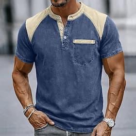 Men's T Shirt Henley Shirt 100% Cotton Acid Wash Shirt Tee Top Short Sleeve Plain Vintage Streetwear Casual Color Block Garment Dyed Raglan Sleeves Henley Casu