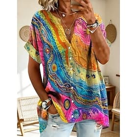 Women's Shirt Buttons Print Graphic Geometric Abstract Daily Stylish Casual Short Sleeve Stand Collar Regular Tops Casual Daily Blue Green Summer Spring