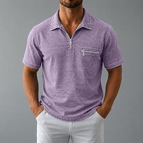 Homme Polo Chemise délavée à l'acide Occasionnel Travail Zip quart Col Polo Côtelé Manche Courte ancien Mode Uni Fermeture éclair Poids Léger Printemps  Été Bl