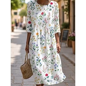 Femmes Robe Midi Robe Décontractée Robe d'été Vacances Occasionnel Chaussures de plage Plage Fête Coupe régulière Fleuri Graphique Manche 3/4 Col ras du cou Bl thumbnail 2