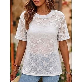 Women's Lace Tops Lace Mesh Floral Graphic Elegant Fashion Short Sleeve Crew Neck Regular Tops Casual White Black Pink Summer Spring thumbnail 2