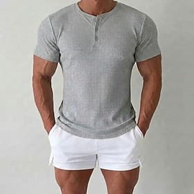 Men's Henley Shirt Tee Rib Knit Top Short Sleeve Solid Color Plain Striped Fashion Designer Comfortable Color Block Buttons Henley Casual Daily Outdoor Summer