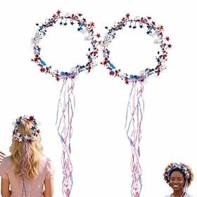 Lot de 2 serre-têtes couronne étoilée à l'américaine, ornés de rubans fluides, accessoires de cheveux patriotiques rouges, blancs et bleus pour la fête nationa