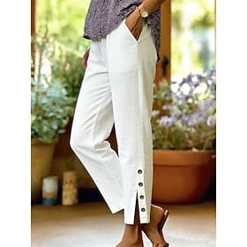 Women's Straight Stylish Casual Ankle-Length Medium Waist Solid Color Patchwork Comfort Inelastic Vacation Formal Blue turmeric Rouge Black Summer Spring