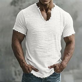 Men's T Shirt Linen T-Shirt Short Sleeve V Neck Summer Spring Solid Color Plain Textured Vacation Vintage Sports Raw Edge Casual Home Outdoor White Black Wine