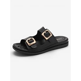 Women's Black  Double Buckle Comfort Slide Sandals, Adjustable Open Toe Slides with Soft Cushioned Footbed and Lightweight Flexible Sole for Beach Vacation, Tr