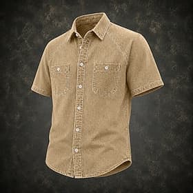 Chemise homme softfade™ décontractée en jean délavé à l'acide, teinte en pièce, noir, vert clair, violet, kaki, vert militaire, manches courtes, col uni, poche
