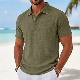 Men's Linen Shirt Polo Shirts Casual Vacation Classic Short Sleeve Fashion Solid Color Plain Buttons Summer Spring Regular Fit White Black Light Green Navy Blu