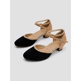 Women's Black Color Block Vintage Ballroom Dance Shoes - Elegant Low Heel Character Dance Pumps with Cross Ankle Strap for Social Dancing, Practice, Teaching a