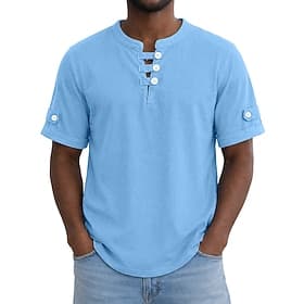 Homme 100% Coton Polo Occasionnel Vacances Sans Col Manche Courte Vacances Moderne Uni Poids Léger Boutons Été Printemps Bleu Blanche Jaune 100% Coton thumbnail 2