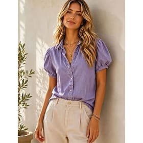 Women's Blouse Solid Color 100% Cotton Daily Stylish Basic Short Sleeve Shirt Collar Regular Tops Casual Daily Purple Summer Spring