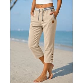 Women's Linen-feel Shorts Capri shorts Vacation Vintage Casual Calf-Length Mid Waist Plain Drawstring Button Comfortable Inelastic Vacation rice white Black Da