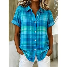 Femmes Chemise Boutons Imprimé Graphique Plaid Rayé ancien Quotidien Élégant Manche Courte Col de chemise Hauts courts Occasionnel Quotidien Bleu Vert Claire R