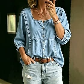 Femmes Chemise Chemisier Boutons Couleur Unie Mode Quotidien Occasionnel Manche 3/4 Manches bouffantes Col ras du cou Hauts Longs Occasionnel Bleu Ciel Noir bl