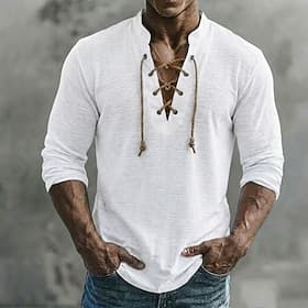 Men's Linen T-Shirt Long Sleeve Lace Up Neck Spring  Summer Summer Spring Plain Vintage Nautical Bohemian Lace up See Through Casual Vacation Street Blue White