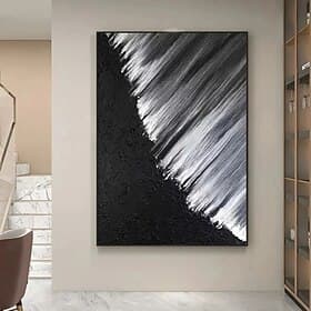 Peinture minimaliste en noir et blanc, peinte à la main, représentant une plage océanique, avec des touches de plâtre noir et d'argent. Art mural en 3D à la te