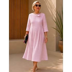 Robe midi en coton et lin pour femme, coupe trapèze, robe d'été décontractée, manches 3/4, col en V, rose, été printemps