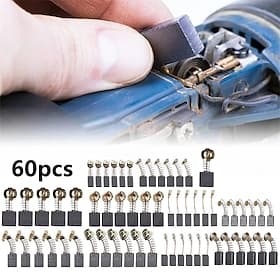 Kit de 60 pièces comprenant 10 types de balais de charbon pour moteurs, destiné à la réparation et à l'entretien des outils électriques, et compatible avec les