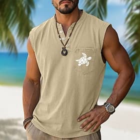 Men's Tank Sleeveless Henley Summer Turtle Vintage Casual Daily Garment Dyed Vintage Washed Casual Black Brown Khaki Top Tee for Men