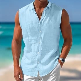 Men Shirt Linen Shirt Summer Shirt Beach Wear Button Up Shirt Plain Casual Daily White Pink Light Blue Sleeveless Collar Summer Spring Clothing Apparel