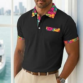 Homme Polo Chemise de golf Occasionnel Vacances Revers Manche Courte Mode Basique Fleuri Hawaii Patchwork Avec Poches Été Printemps Coupe régulière Noir Rose C thumbnail 3