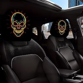 2/4 housses d'appuie-tête de voiture à motif tête de mort fluorescente néon, imprimé tête de mort néon tendance, décoration intérieure personnalisée, taille un