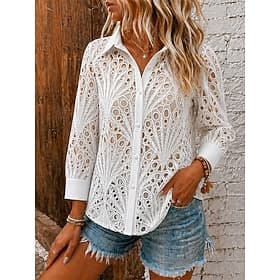 Femmes Haut à œillets Texture Découpé Élégant manche longue Col de chemise Hauts Réguliers Occasionnel Blanche Noir Rose Claire Été Printemps Automne