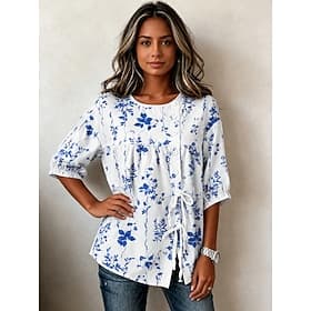 Women's Blouse Floral Graphic Elegant Vacation Vintage 3/4 Length Sleeve Crew Neck Regular Tops Casual Blue Pink Summer Spring