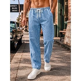 Homme Pantalon décontracté Pantalon d'été 100% Coton Pantalons en denim Cordon de serrage Taille Élastique Jambe Droite Uni Confort Respirant Longueur complète