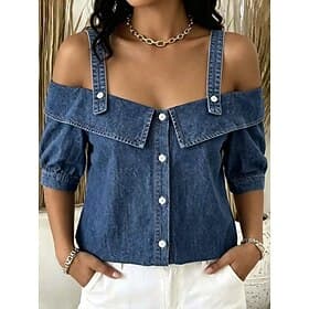 Chemisier femme à boutons, style denim, couleur unie, vintage, décontracté, manches courtes, épaules dénudées, coupe classique, bleu, été, printemps